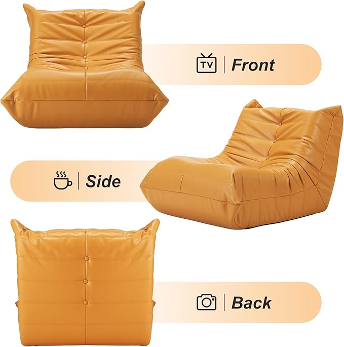 Hobestluk Giant Bean Bag Chair Lazy Floor Sofa, Fireside Sofa for Adults, Big Beanbag Faux Leather Armless Chair for Living Room Bedroom Dorm Office (Yellow, Single)