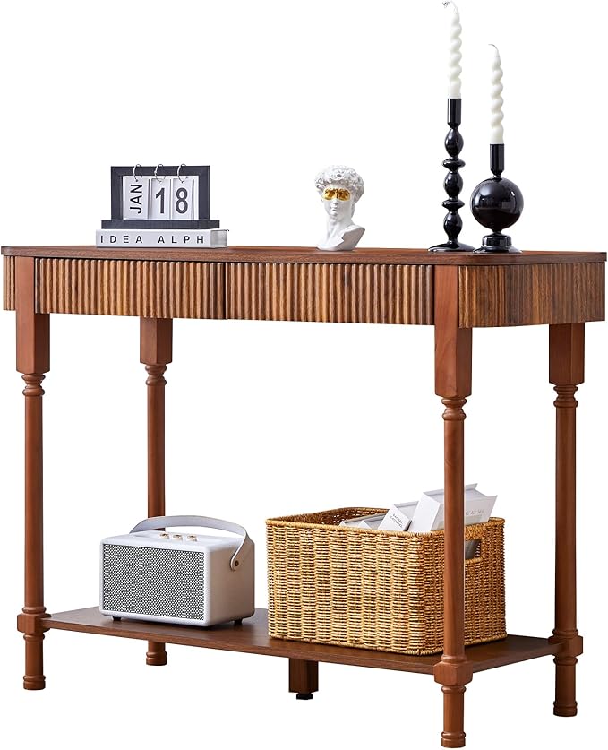 43.3'' Fluted Console Table for Entryway, Narrow Entryway Tables with 2 Wooden Drawers, Retro Sofa Table Behind Couch Accent Tables for Foyer, Living Room, Hallway (Walnut)