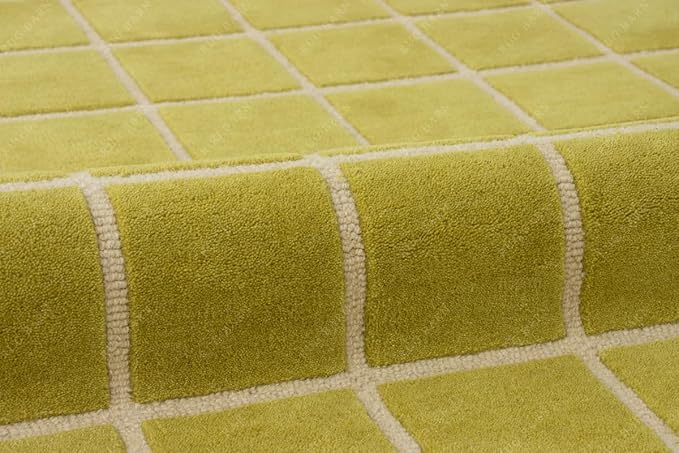 Checkered Wool Area Rug with Scalloped Border, Chartreuse Green & Cream Grid, Hand-Tufted, Soft Cut Pile, Modern Cottagecore Living Room, Bedroom & Nursery Carpet - 9x13 Ft