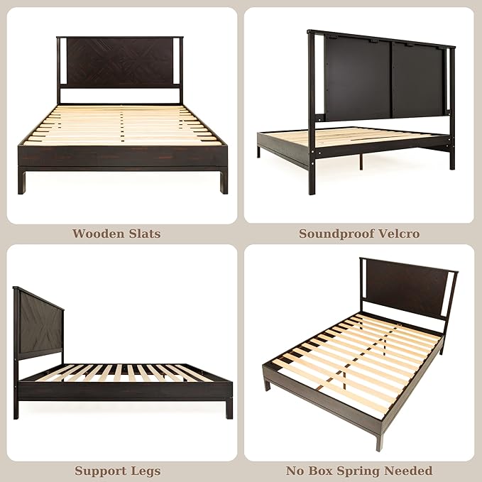 Bme Ethan Queen Bed Frame with Diamond Headboard, Mid-Century Modern, Solid Acacia Wood, No Box Spring Needed, Fits All Mattresses, Rustic Black