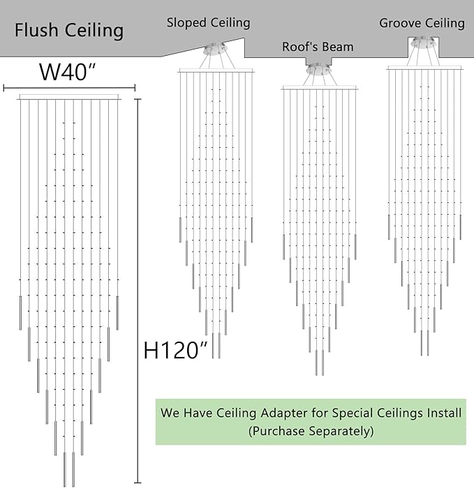 W40 x H120 Glam Chandelier with LED Bulbs Crystal Raindrop High Ceiling Pendant Light for Entrance Large Villa Chandelier Foyer Lighting Fixtures Silver