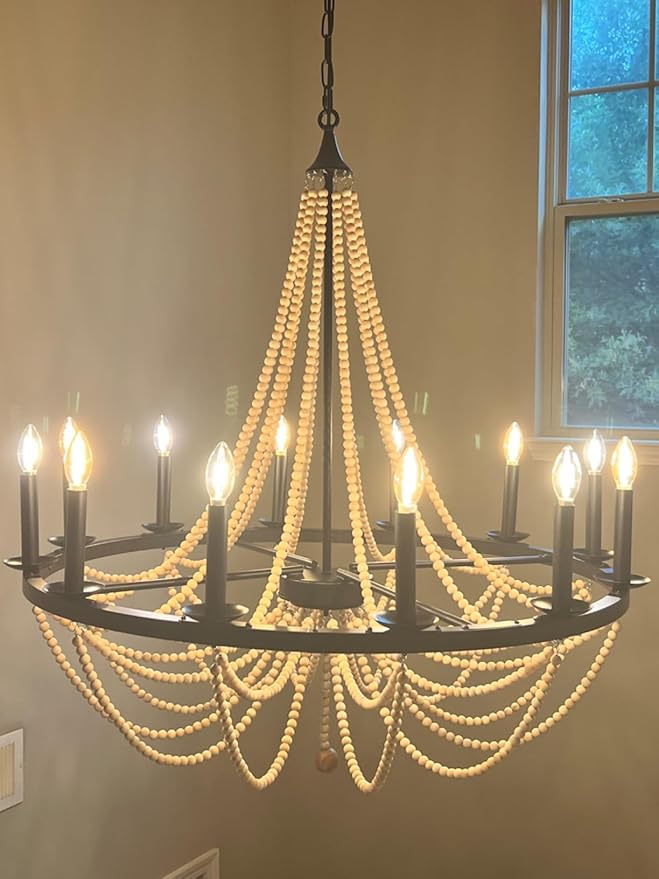 Wellmet Wood Bead Chandelier 38", 12 Light Black Wagon Wheel Chandelier, Farmhouse Dining Room Pendant Light Fixtures Bohemian Coastal Chandeliers for Foyer, Kitchen, Living Room, Entryway, Bedroom