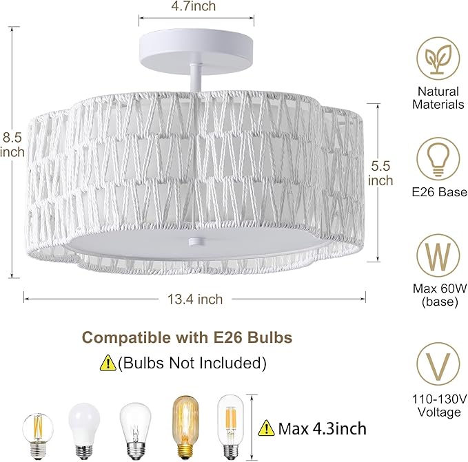 13.4" Boho Light Fixtures Flush Mount, 3-Light Rattan Ceiling Light Fixtures Flush Mount Gold for Bedroom, Flower-Shaped Close to Ceiling Light Fixture for Hallway Kitchen Dining Room(White)
