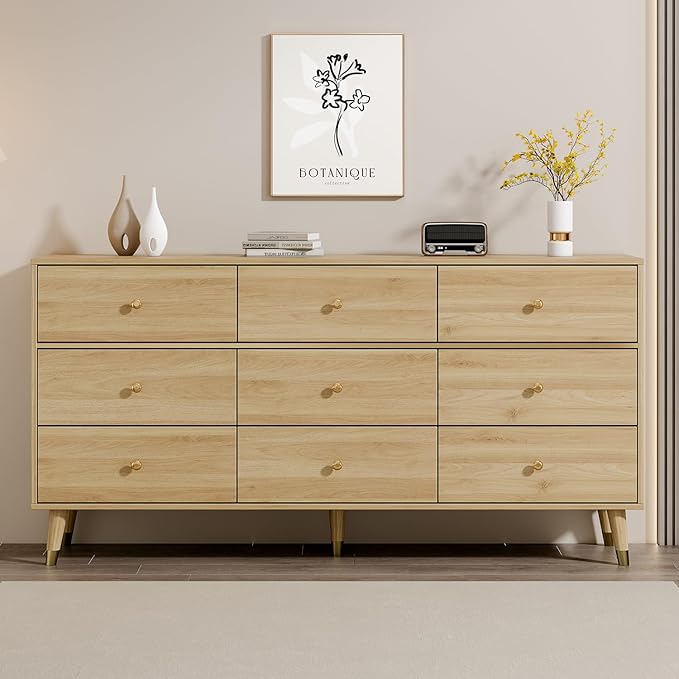 9 Drawer Dresser 63" Wide Mid Century Modern Chest of Drawers, Wood