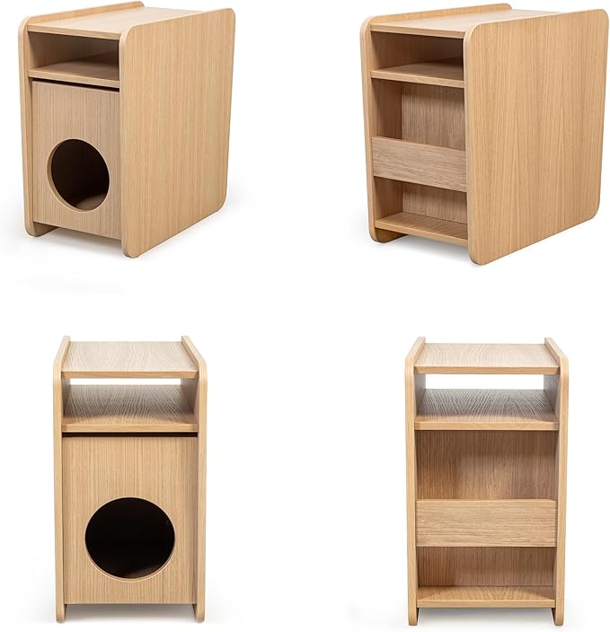 WERMO 12'' Cat Hideaway Side Table - Cat House for Indoor Cats and Enclosed Bed Cave and Hideout for Small Pets with Magazine Holder & Storage Doubling as Narrow End Table, Wood Night Stand (Oak)