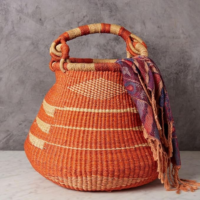 Home & Kitchen Decor, Wicker Basket, Picnic Basket, Living Room Basket, Organizing, Harvesting, Foraging, Fruit Storage, Hand Woven, Pot Shape, 16" Wide, Boho - Orange