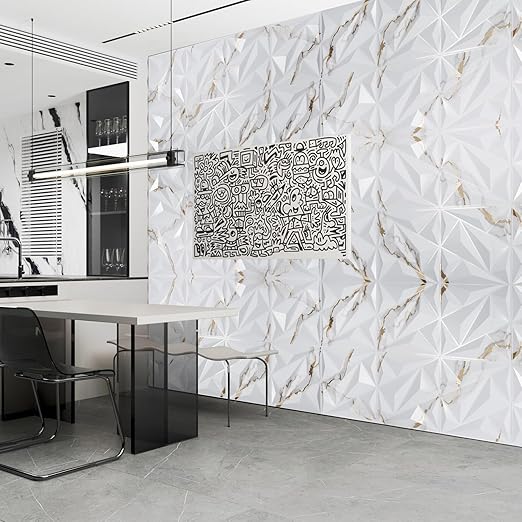Art3dwallpanels 33 Pack 3D Wall Panel Diamond for Interior Wall Décor, PVC Textured Wall Panels, 12''x12'' Cover 32.Sq.Ft. Gold Veined White