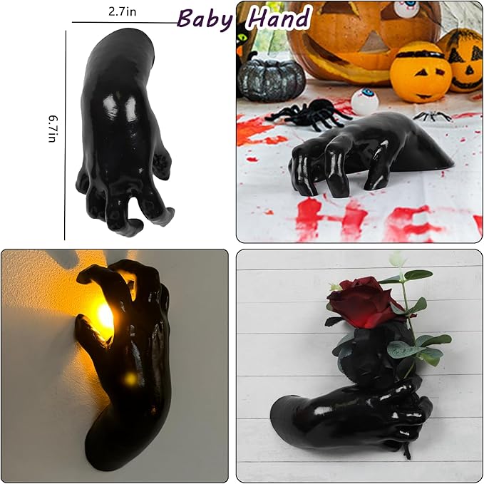 DAZONGE Halloween Decorations Indoor/Outdoor, Pack of 3 Wall Mounted Creepy Reaching Hands with Candles, Life-Sized Horror Hands for Wall Decorations, Gothic Hanging Wall Art Sculpture