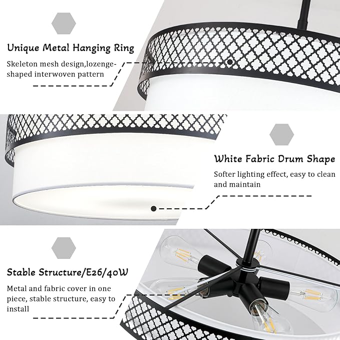 21.5" Drum Black Chandelier for Dining Room 5-Light Modern Farmhouse Chandeliers White Fabric Drum Pendant Light Fixture Large Hanging Lighting for Living Room Bedroom Kitchen Foyer Over Table, E26