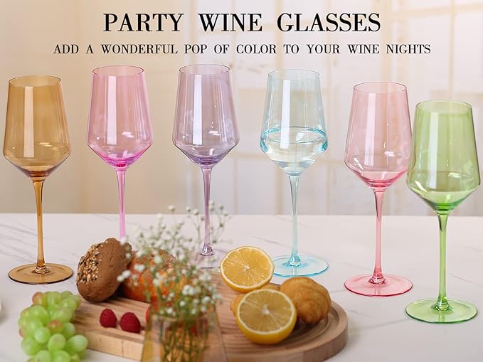 Physkoa Colored Wine Glasses Set of 6-15oz Hand Blown Crystal Colorful Glassware with Long Stem, Multicolor Glassware for Wine Lovers, Wedding, Birthday Mother's Day Easter Gifts for Women