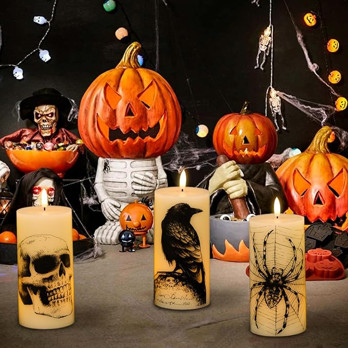 Eldnacele Halloween Flickering Candles Remote with Skull, Spider Web, Crow Raven Decals Set of 3, Battery Operated Halloween Themed LED Candles Horror Spooky Decoration