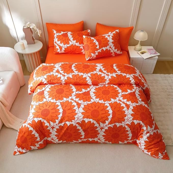 CLOTHKNOW Sunflower California King Comforter Set 3Pcs Orange Whtie Bedding Comforter Sets Rust Flower Comforter Botanical Comforter Sets Lightweight
