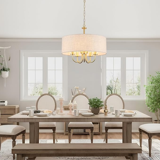Drum Chandeliers for Dining Room, 5 Light White Drum Light Fixture Brass Round Chandelier with Linen Shades, 19" Fabric Pendant Light Gold Farmhouse Chandelier for Living Room Kitchen Bedroom Foyer