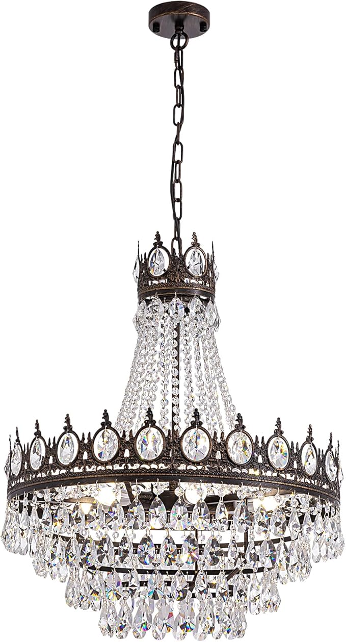 Vintage Crystal Chandeliers for Dining Room Light Fixture, 9-Light Antique Bronze French Empire Chandelier for Foyer Entryway Kitchen Island Bar Living Room, D24 x H27