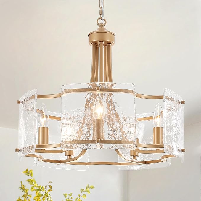 5-Light Gold Glass Chandelier for Dining Room, Modern Textured Glass Light Fixture Gold Chandeliers, Drum Round Chandelier for Kitchen Island Living Room Foyer Bedroom, E12