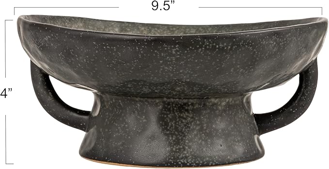 Creative Co-Op Stoneware Footed Pedestal/Bowl with Handles, Reactive Glaze Decorative Object, Black