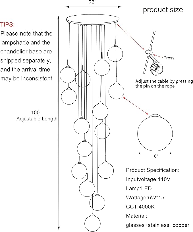 15-Light LED Staircase Chandelier Crystal Ceiling Lights Large Chandeliers for High Ceilings, Entryway Modern Lighting Fixture Villas and Stairs, Adjustable Length 23" W x100 H,75W