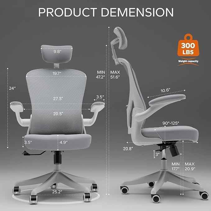 Ergonomic Office Chair with Adjustable Lumbar Support & Flip-Up Armrests - High Back Desk Chair with Thickened Seat Cushion, Rolling Wheels for Home/Office Study Work