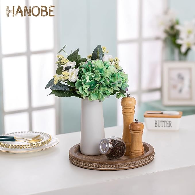 Hanobe Decorative Serving Tray Round: Brown Beaded Trays for Rustic Wooden Decor Farmhouse Vintage Centerpiece for Living Room Kitchen Counte
