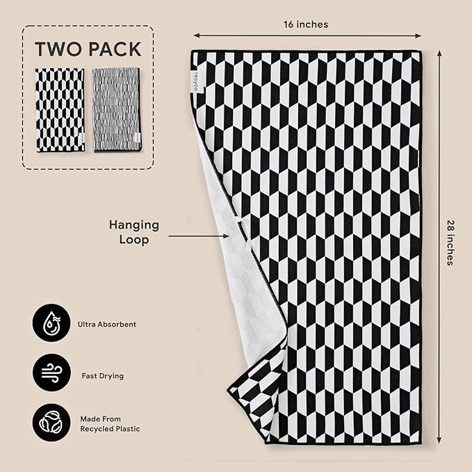 RECYCO Waffle Kitchen Towels Set of 2 Quick Dry Microfiber Sustainable Lightweight Hand Towels Black White Mirage 16x28