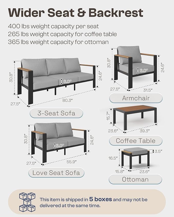 Aluminum Outdoor Patio Furniture Set with Table, 7 Piece Patio Conversation Sets with Thick Cushion, Ottomans, Outdoor Seating Patio Sectional Furniture Set for Porch, Balcony, Deck, Yard, Gray