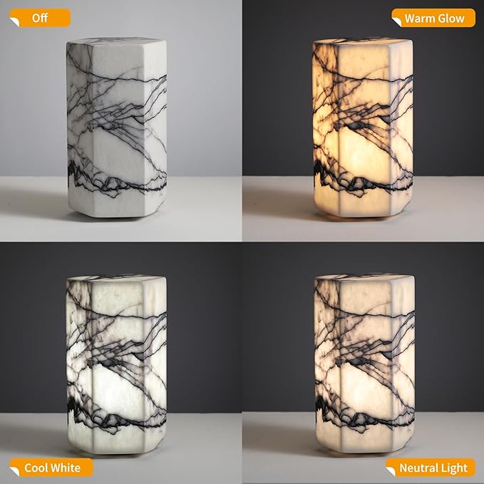 Handcrafted Real Marble Table Lamp, Stone Lamp with Tri-Color Dimmable LED, Bedside Lamp, Small Table Lamp for Home Decor, Table Lamp for Bedroom Living Room, Hexagon