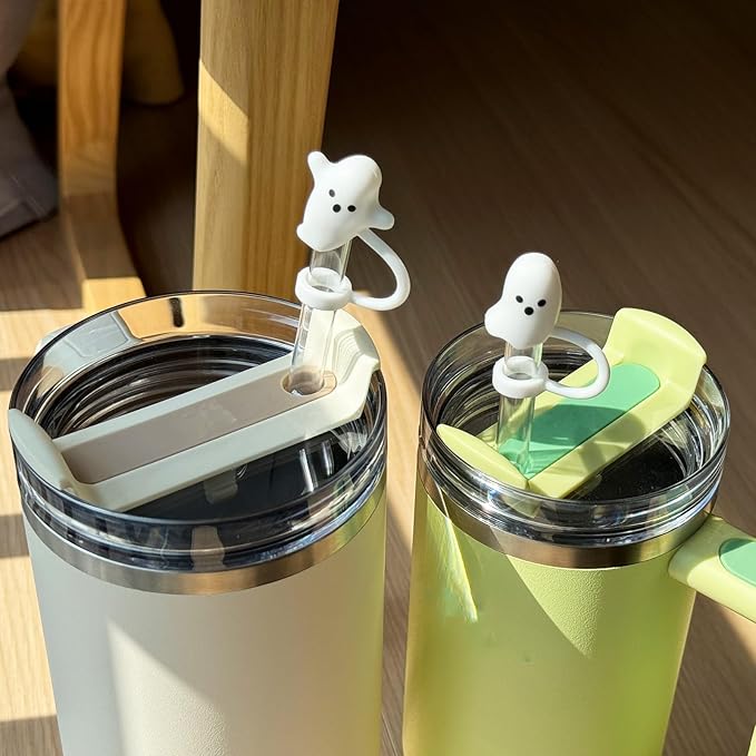 Cute Ghost Straw Covers Water Bottle Compatible with Stanley Water Bottle 30 40 oz, 4PCS Silicone Reusable Drinking Straw Topper, Funny Accessories Halloween Decorations Gifts Boo Basket Items Essentials