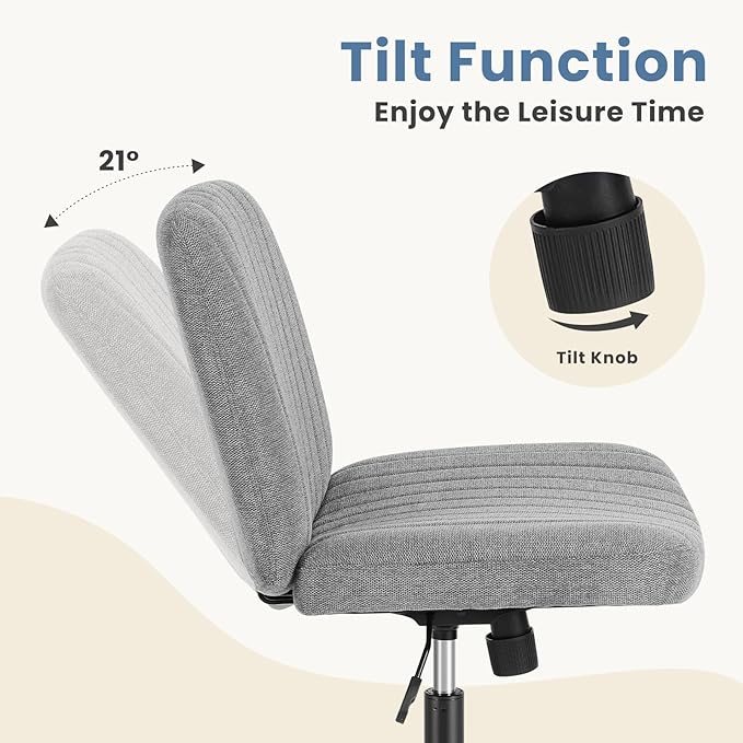 DUMOS Desk Chair No Wheels, Criss Cross Chair Wide Cross Legged Desk Vanity Comfy Chair, Armless Adjustable Swivel Chairs for Home Computer Task Gray
