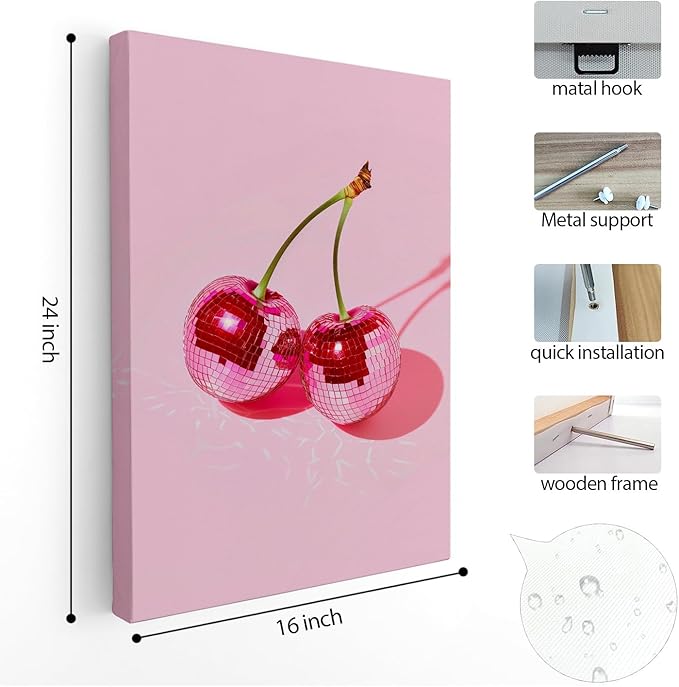 APJYM Trendy Hot Pink Disco Ball Cherry Wall Art, Preppy Room Decor, Y2K Room Decor, Funky Y2K Aesthetic Wall Art for Girls Bedroom Dorm Apartment, 16x24 Inches Framed
