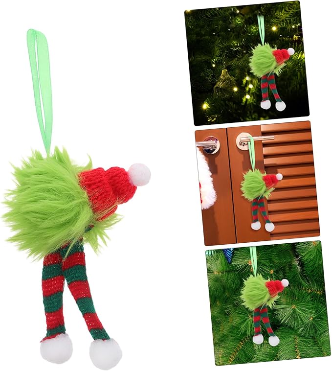 VILLCASE 6pcs Holiday Furry Christmas Decorations Plush Pom Pom Balls with Santa Hat and Striped Scarf Soft Long Plush Hanging Ornaments for Indoor Outdoor Seasonal Party Decor