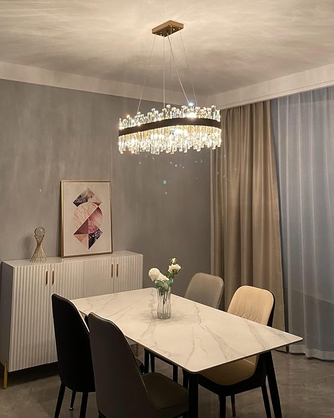 Siljoy Rectangular Gold Crystal Chandelier, 16-Light Modern 2-Tiers K9 Crystal Raindrop Chandelier, Luxury Oval Crystal Penadnt Ceiling Light Fixture for Dining Room Living Room Kitchen Island L35.4''