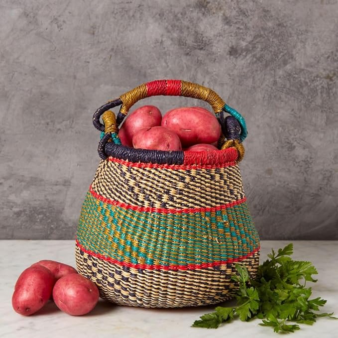 Kitchen Decor, Kitchen Storage, Fruit Basket, Wicker Basket, Woven, Shelf Decor, Decorative Basket, Harvestng Basket, Boho, African, Bolga, Pot Shape, 9" W, Small, Dark Green