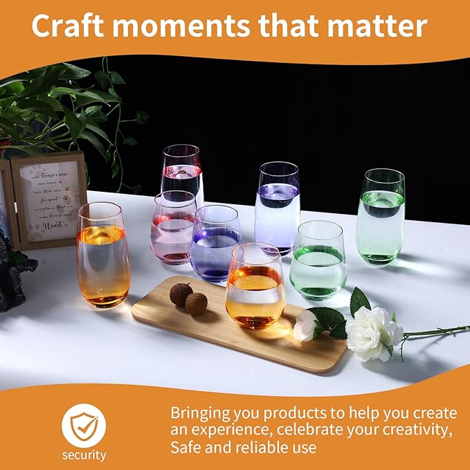 Set of 8 Drinking Glasses, Hand Blown, 4 Highball Glasses 18oz & 4 Stemless Wine Glasses 15oz, Colored Water Glass Cups, for Wedding, Gift