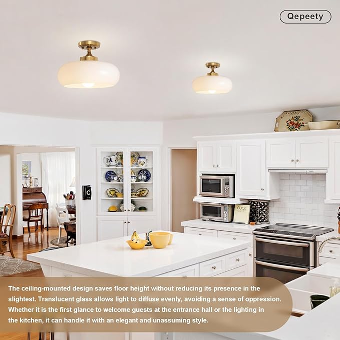 Mid Century Modern Semi Flush Mount Ceiling Light Fixture, Gold with 11.02" Milk White Glass Shade, Vintage Close to Ceiling Lamp for Hallway, Entryway, Bathroom, Closet