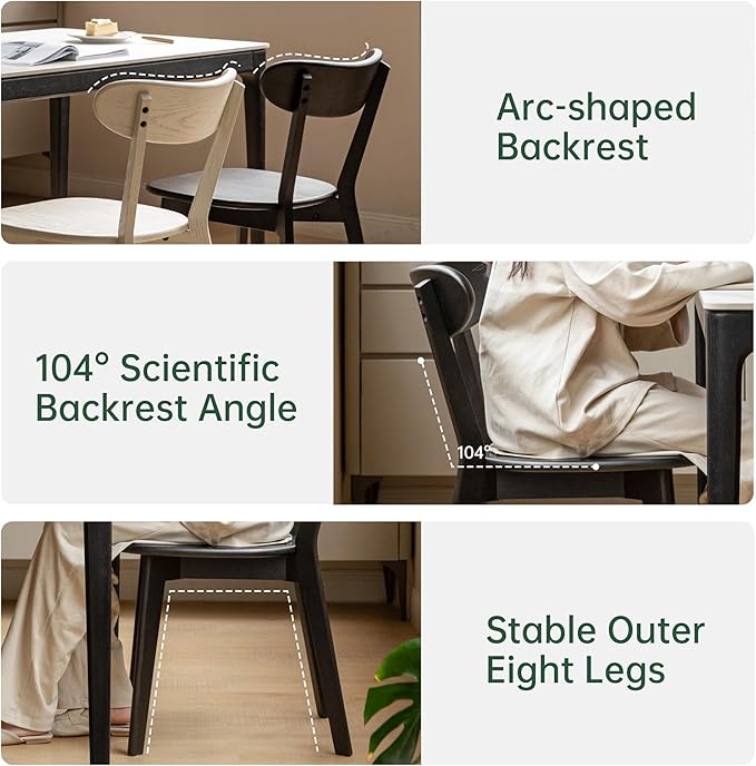 Oak Dining Chairs, Kitchen Chairs, 100% Solid Wood Modern Dinner Chair with Curved Backrest, Dining Room Chair for Kitchen, Living Room, Study (4PK, Black)