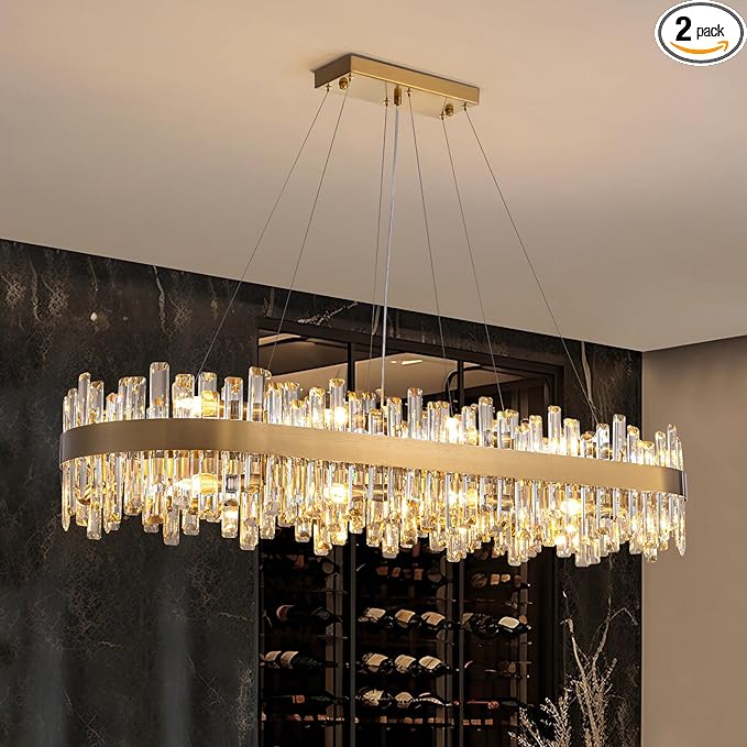 Siljoy Modern Crystal Chandelier, 20-Light Luxury Rectangular Brushed Gold Crystal Chandelier Lighting, Large Oval 2-Tier K9 Crystal Pendant Ceiling Light for Dining Living Room Kitchen Island, L52''