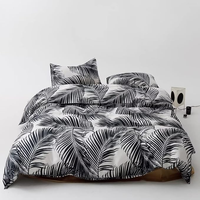 Pureant Boho Black Botanical Comforter King Set - Black and White Feather Quilts for Women, Girls - Tropical Bohemian Rustic Palm Leaves Plant Bedding