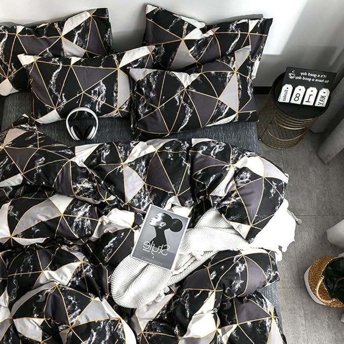 CLOTHKNOW Black White Triangle Comforter Sets Full Marble Bedding Comforter Sets Geometric Comforter Black Comforter with 2 x Pillow Cases