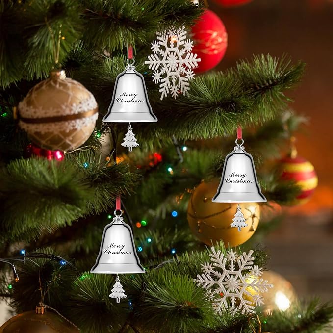 Styleonme Decorative Bells, Christmas Ornaments 2025, Engraved It's Merry Christmas 2025, Silvery Bells Decoration with Pendants Tree