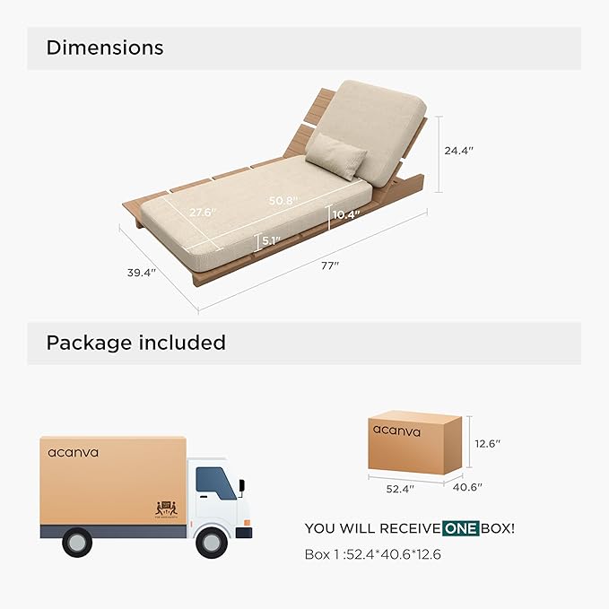 Acanva Patio Chaise Lounge Outdoor Chair with Comfy Cushion, Aluminum Reclining Outdoor Chairs with 5-Position Adjustable, for Poolside, Balcony, Yard, Teak+Light Khaki, 1 pc