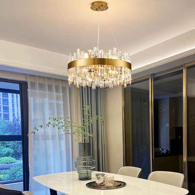 Siljoy Modern Crystal Chandelier, 12-Light Luxury Round 2-Tiers K9 Crystal Raindrop Chandelier, Brushed Brass Gold Crystal Pendant Ceiling Light for Living Dining Room Kitchen Island Foyer D19.7''