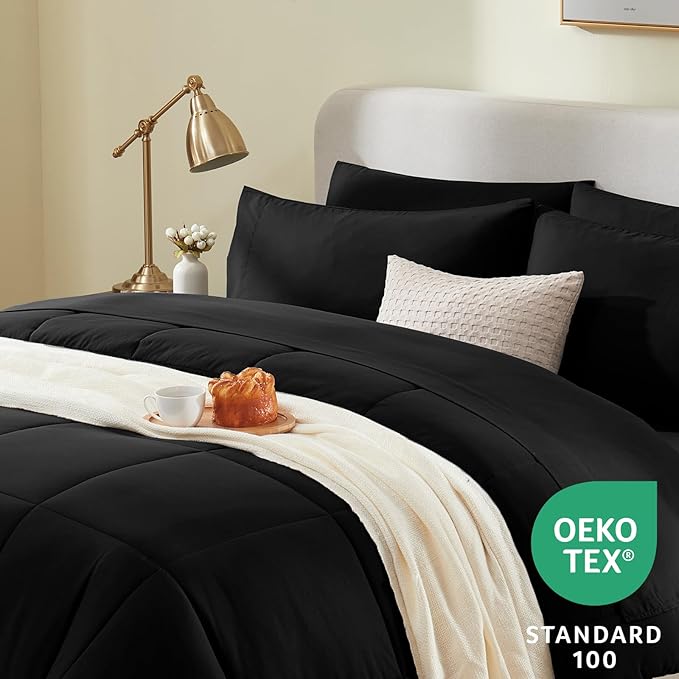 CozyLux Queen Comforter Set Black, 7 Pieces Bed in a Bag, Black Comforter Queen Size, All Season Bedding Sets with Stitch Quilted Comforter, Flat Sheet, Fitted Sheet, Pillowcases