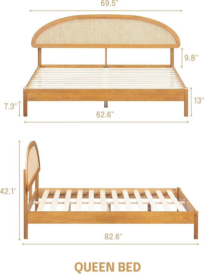 NTC Gem Wooden Bed Frame with Headboard and Natural Rattan, Solid Oak/Rubber Wood Foundation with Silent Slats, 1000 Lb Capacity, Effortless Assembly (Natural Cane - Rustic Oak, Queen)