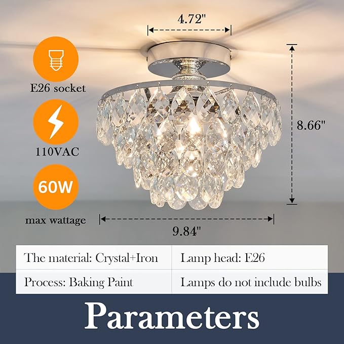 YYJLX Modern E26 Small Crystal Chandelier Semi Flush Mount Ceiling Light Fixture Silver Ceiling Lamp for Hallway Bedroom Bathroom Closet Bedroom Foyer (Chrome)