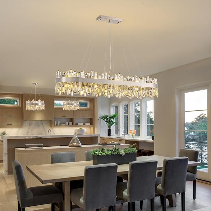 Siljoy Large Rectangular Crystal Chandelier, Modern Oval Brushed Nickel 2-Tiers K9 Crystal Raindrop Chandelier Ceiling Light for Dining Room, Living Room Kitchen Island Bar, E12 x 20, L52''