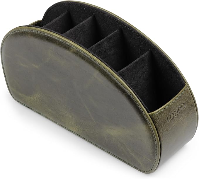 Londo Remote Control Holder with 5 Pockets - Store DVD, Blu-Ray, TV, Roku or Apple TV Remotes - Italian Genuine Leather with Suede Lining - Slim, Compact Living or Bedroom Storage