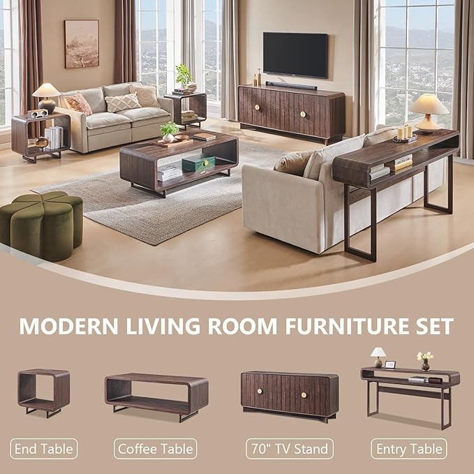 48" Modern Coffee Table, 2-Tier Minimalist Center Table with Storage Shelf, Curved Profile Design, Wooden Rectangular Living Room Table w/Wood Thick Design for Living Room, Office, Brown