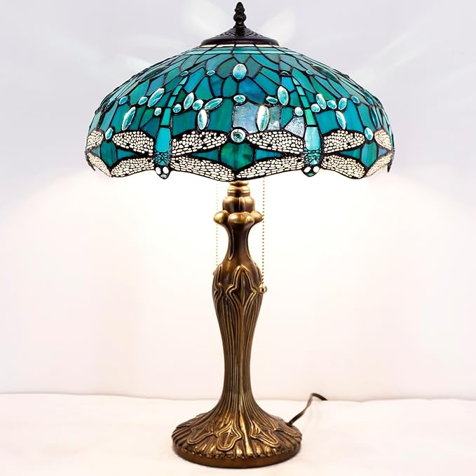 WERFACTORY Tiffany Table Lamp Green Stained Glass Dragonfly Bedside Lamp 16X16X24 Inches Desk Reading Light Metal Base Decor Bedroom Living Room Home Office S622 Series