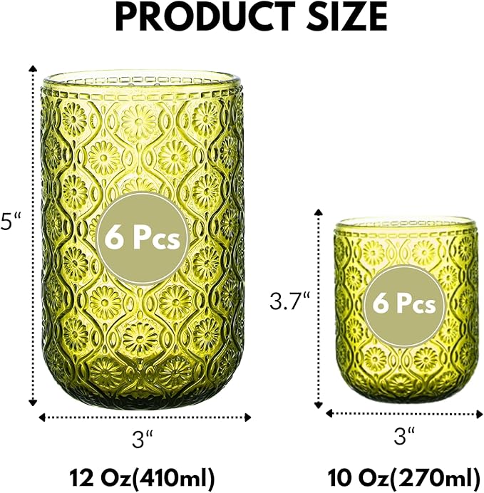 Green Drinking Glasses Set of 12, 12 Oz Highball & 10 Oz Cocktail Glasses, Green Kitchen Vintage Glassware Set, Floral Embossed Glass Tumbler Cups for Water, Beer, Juice, Whiskey, Coffee