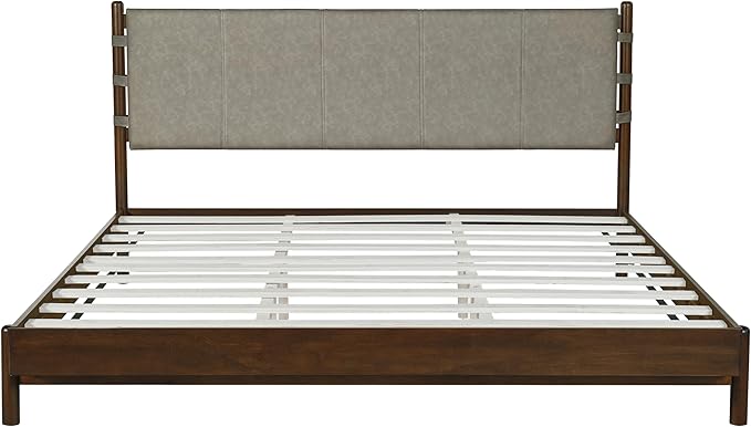 Premium Rubber Wood Platform Bed Frames, King Size Headboard Included, Mid Century Modern Beds, Walnut+Light Grey